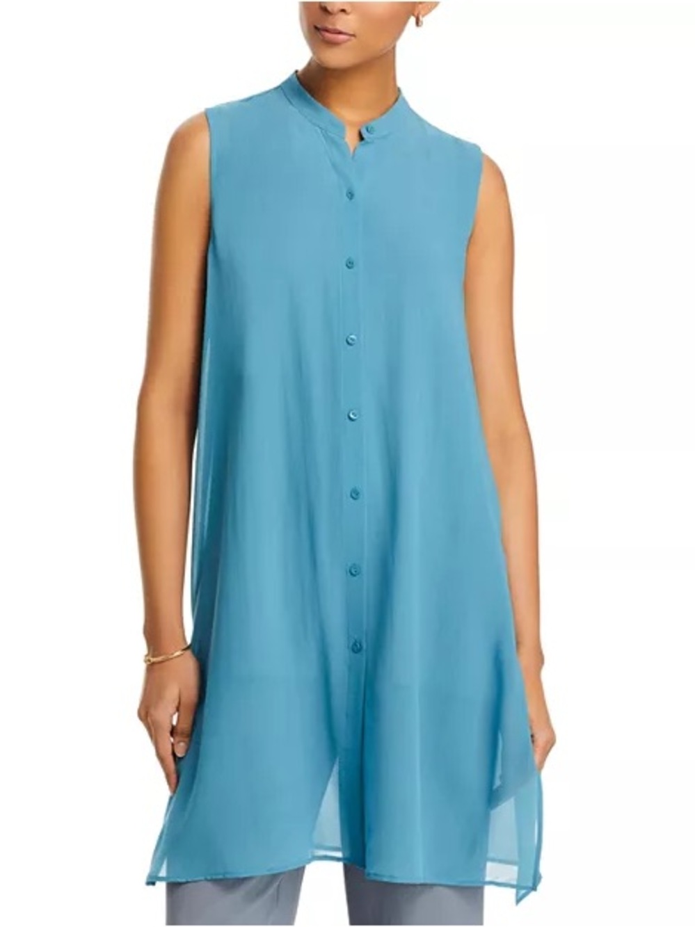 Lafayette 148 New York 100% Silk Sleeveless Long Sheer Tunic Blue